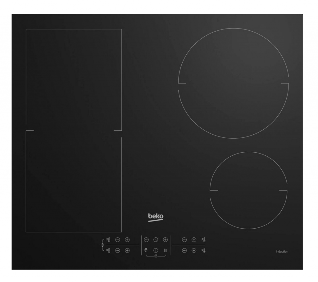 Beko Table induction avec 4 foyers + 1 Flexizone, fonction d'arrêt automatique, 7200 W, 58cm, Noir (HII64200FMT)